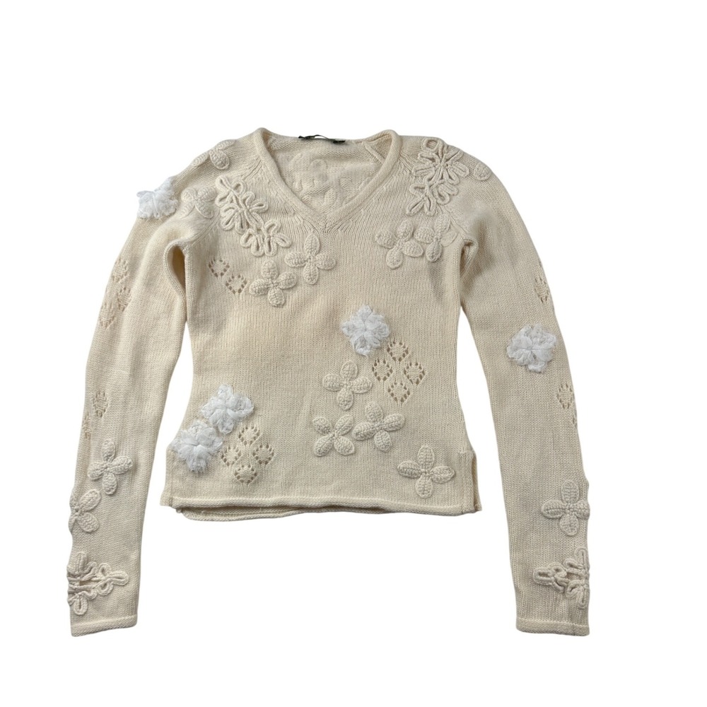 Oilily Womens Cream Lambswool Angora 3D Floral Applique V-Neck Sweater Small - Picture 2 of 9